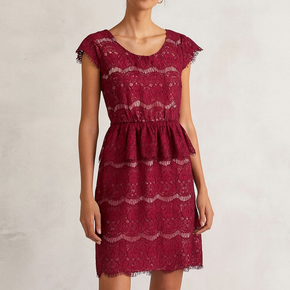 Anthropologie Maeve Elsa Lace Peplum Mini Sheath Dress Burgundy S - Picture 1 of 9